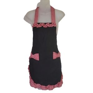 BLACK Kitchen Cooking Apron Red & White Gingham Checked Ruffle Dress Style